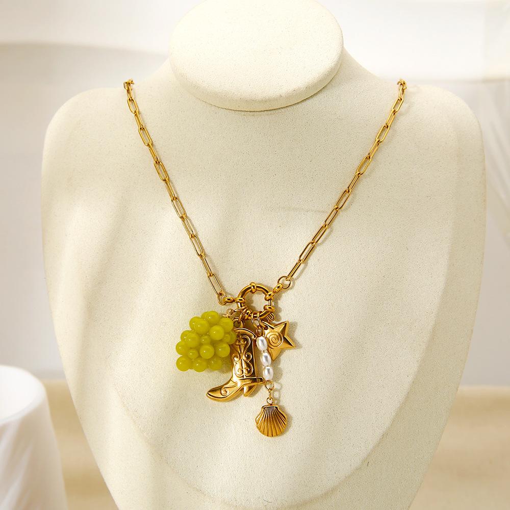 European and American 18k gold plated stainless steel boots resin acrylic grape imitation pearl pendant necklace jewelry women