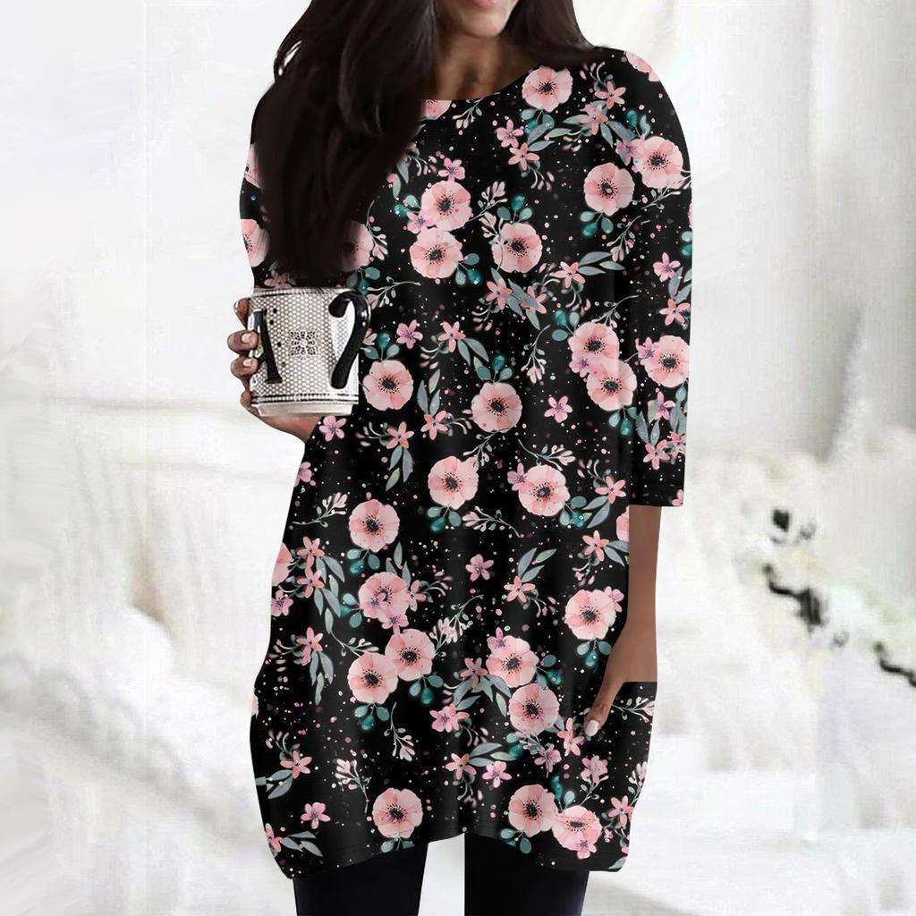 Женская модная повседневная футболка с круглым вырезом и принтом, рукавом 3/4, двойным карманом