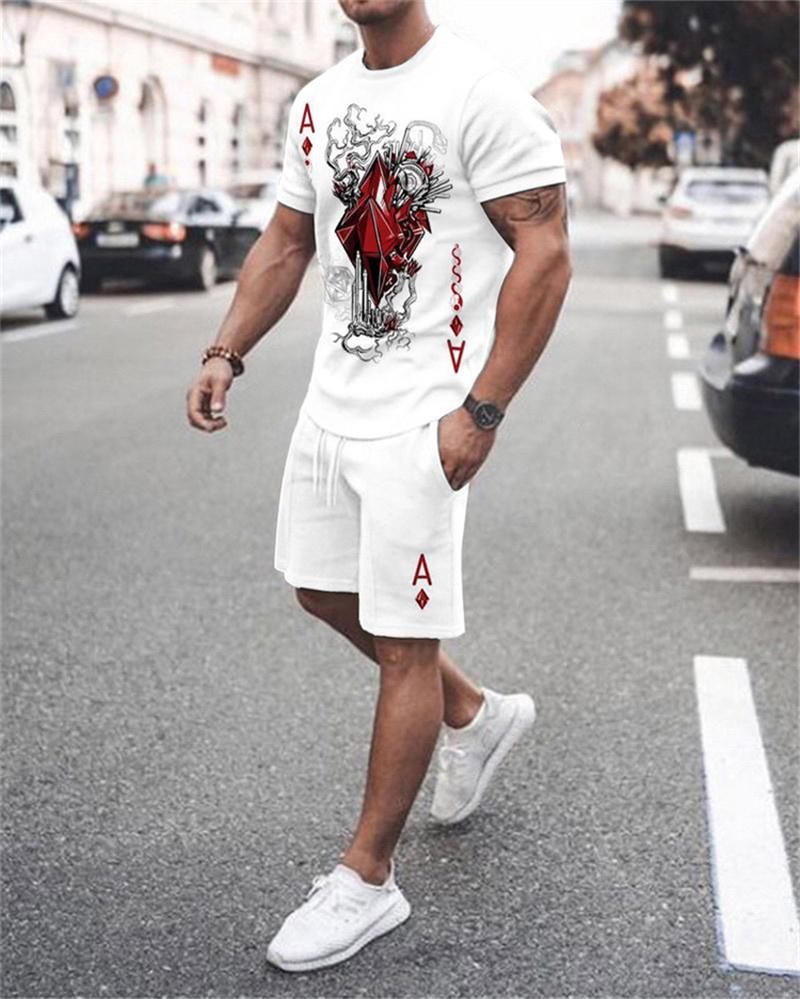 Мужской спортивный костюм футболка + шорты тренировочная одежда, комплект из 2 предметов, разноцветная спортивная одежда с короткими рукавами и 3D красно-черным узором