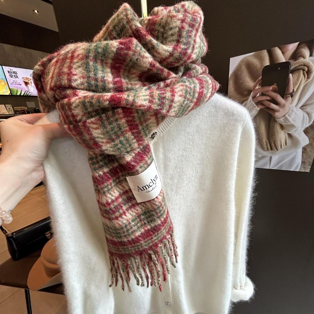 British Versatile Wool Blended Plaid Scarf for Women In Winter Red and Green Striped Outer Shawl High End Warm Scarf