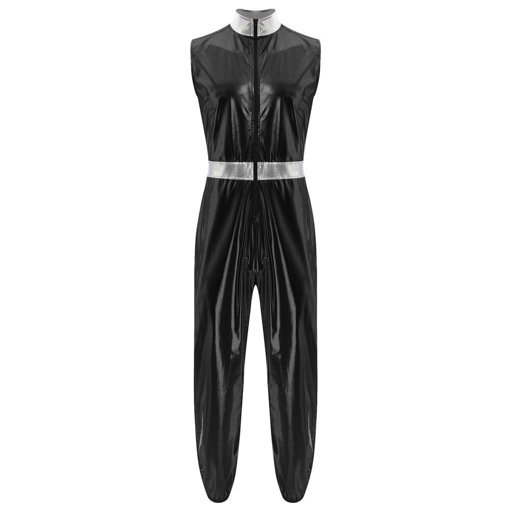 Mens Shiny Metallic Sleeveless Full Length Zipper Jumpsuit Bodysuit