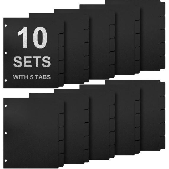 3 Ring Binder Dividers with 5-Tabs for Letter Size, 1/5 Cut, 3-Hole Punched, Write & Erase Plastic Binder Dividers Extra Durable Section Index