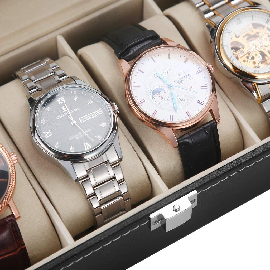 6 слотов из искусственной кожи, коробка для часов, органайзер, витрина, держатель для мужчин и женщин, стеклянное хранилище ювелирных изделий, черный подарок