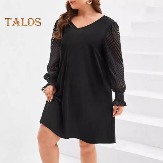 Платье больших размеров с V-образным вырезом, кружевной отделкой, расклешенным длинным рукавом, мини-платьем с высокой талией, однотонное повседневное мини-платье