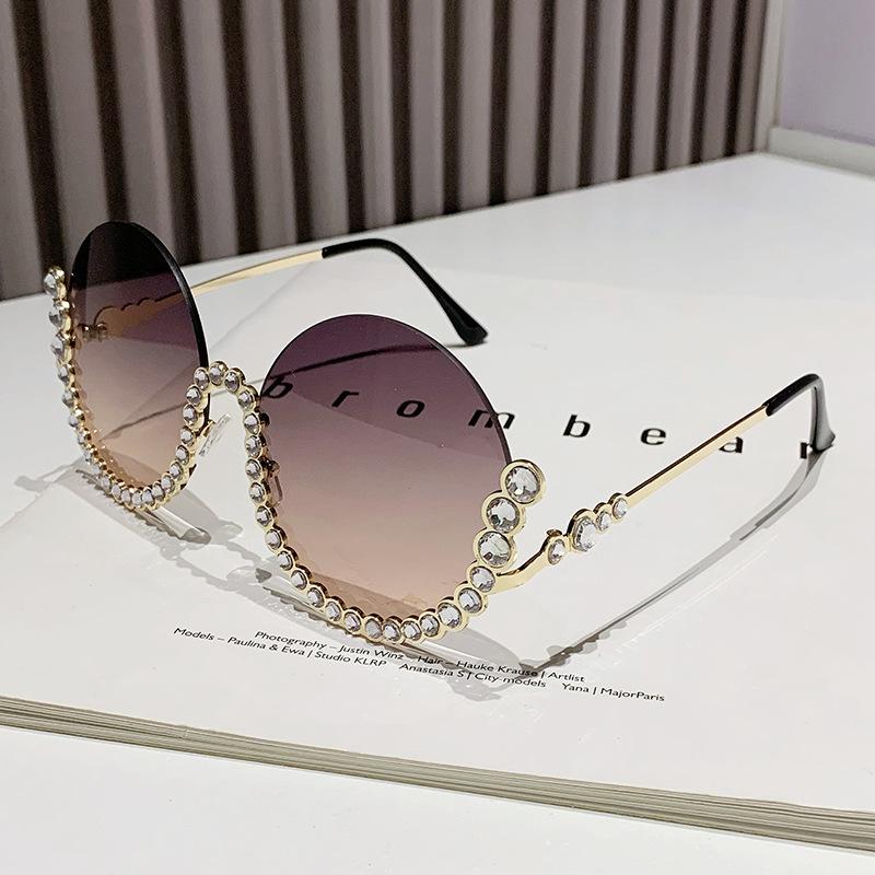 European and American metal diamond-encrusted round half-frame trimmed sunglasses, thin trendy fashion high-end hip-hop sunglasses