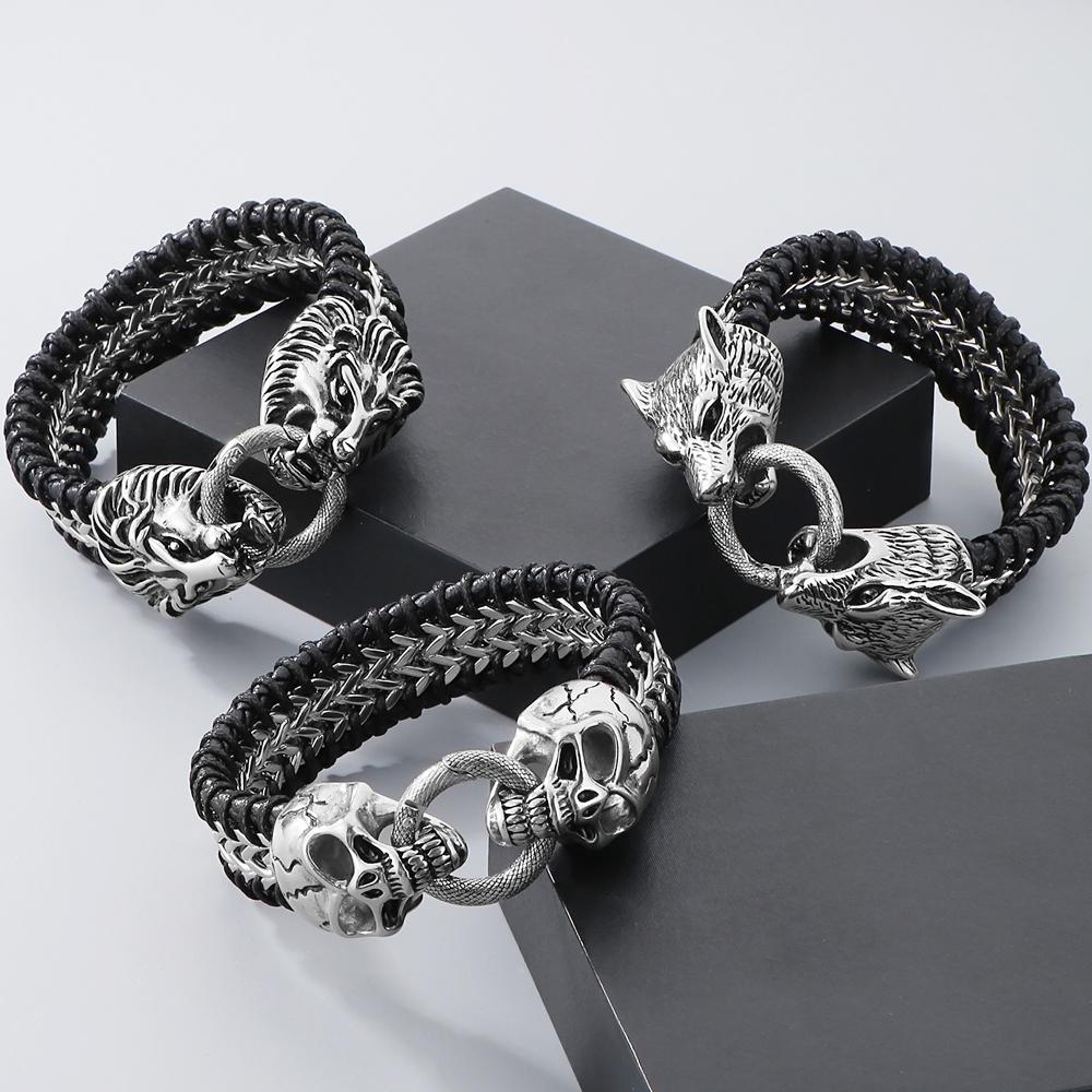 Готические мужские браслеты с изображением льва, волка, черепа, головы, кожа и черный/золотой цвет, нержавеющая сталь, мужской браслет на запястье, ювелирные изделия, аксессуары