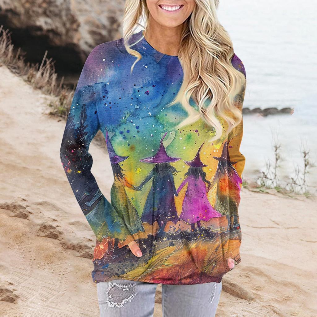 Женская модная повседневная футболка с круглым вырезом и принтом, длинными рукавами и карманами