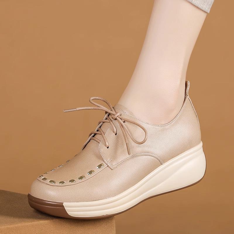 Туфли-лодочки в стиле ретро со шнуровкой и глубоким носком, женские удобные туфли-качалки на толстой подошве, повседневные кожаные туфли на плоской подошве для мам