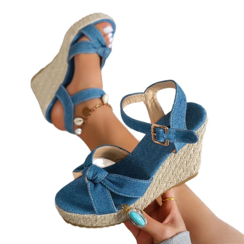 2025 Summer New Casual Women's Sandals Denim Imitation Hemp Rope Wedge Heel Large Size Sandals Women