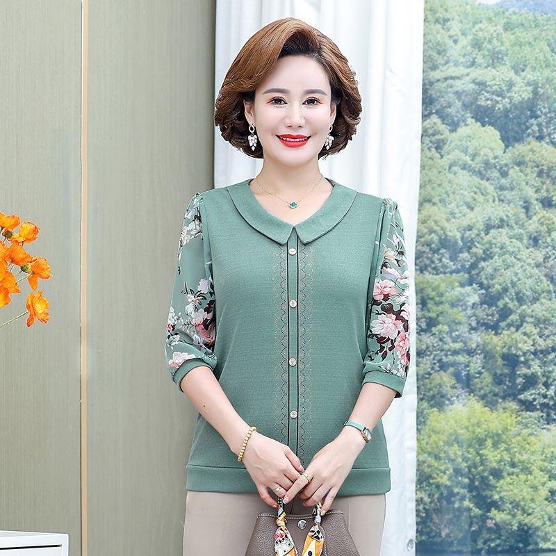 Нижняя рубашка с лацканами для мамы, женская рубашка среднего возраста с темпераментным принтом и шифоновыми рукавами, весенне-осенняя вязаная футболка 5XL