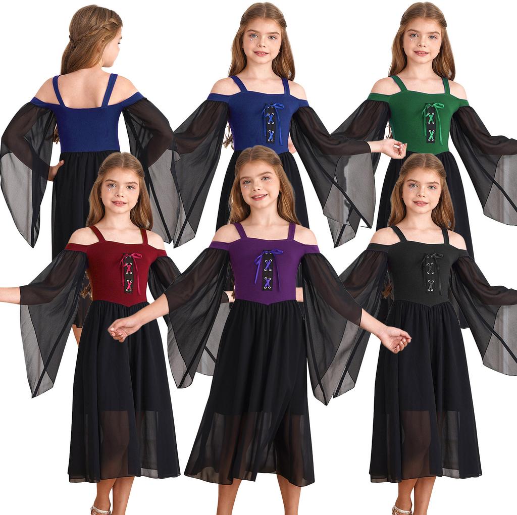 Halloween Gothic Dresses for Girls Butterfly Sleeve Lace Up Dress Cold Shoulder Flowy Medieval Cosplay Dress