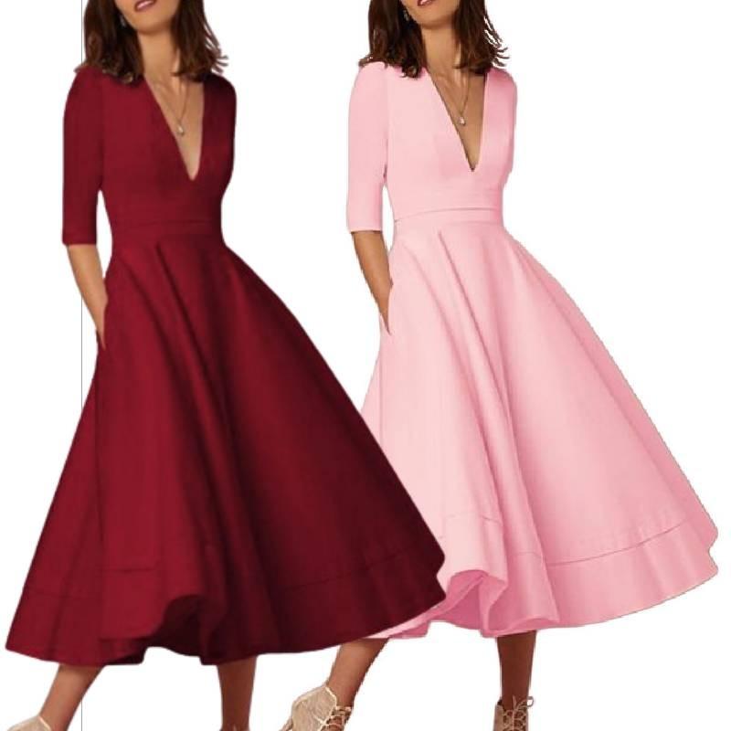 Elegant Casual Knit Dress For Women With V Neckline Available In Various Colors