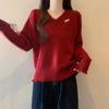 Fashion Sweet Tassel V-neck Red Pullover Sweater Women Autumn and Winter New Thick Warm Knitted Sweaters Women Elegant Solid Casual Jumpers Tops 25841