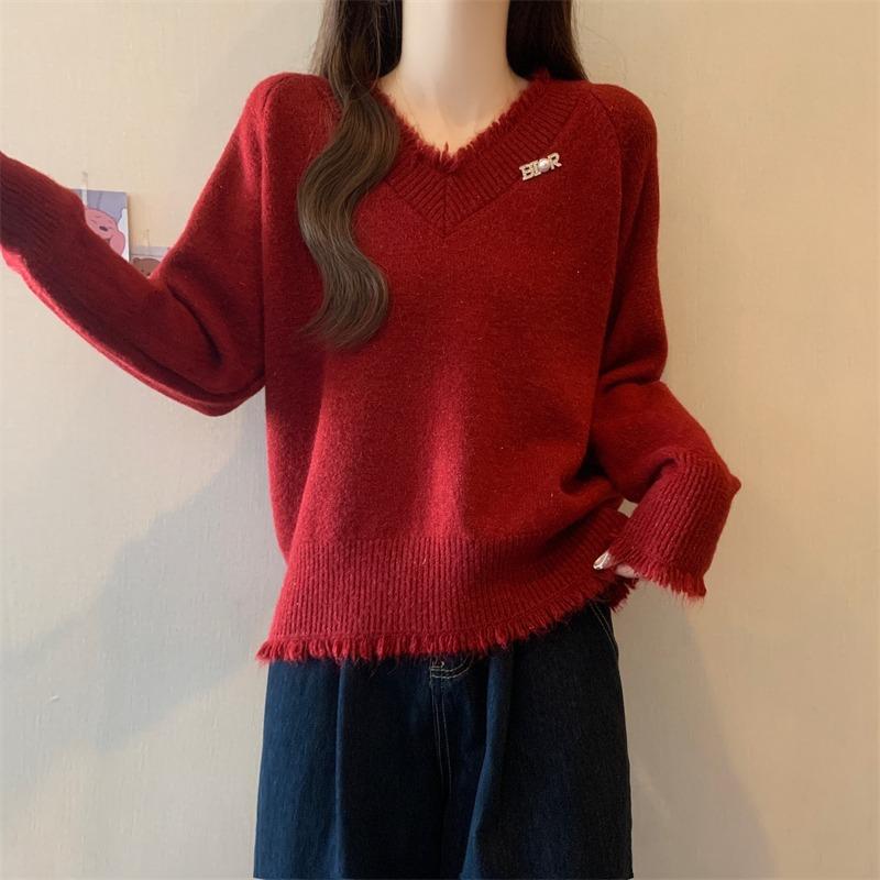 Fashion Sweet Tassel V-neck Red Pullover Sweater Women Autumn and Winter New Thick Warm Knitted Sweaters Women Elegant Solid Casual Jumpers Tops 25841