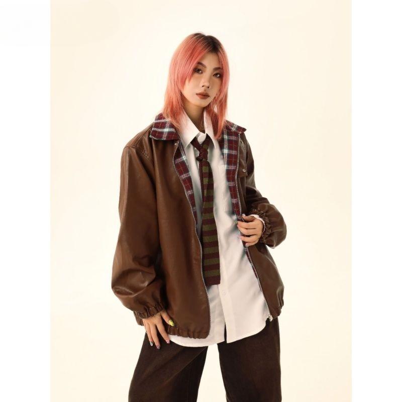 American Retro Brown Leather Jacket, Men's and Women's Autumn/winter Double-sided Jacket, Maillard Loose Plaid