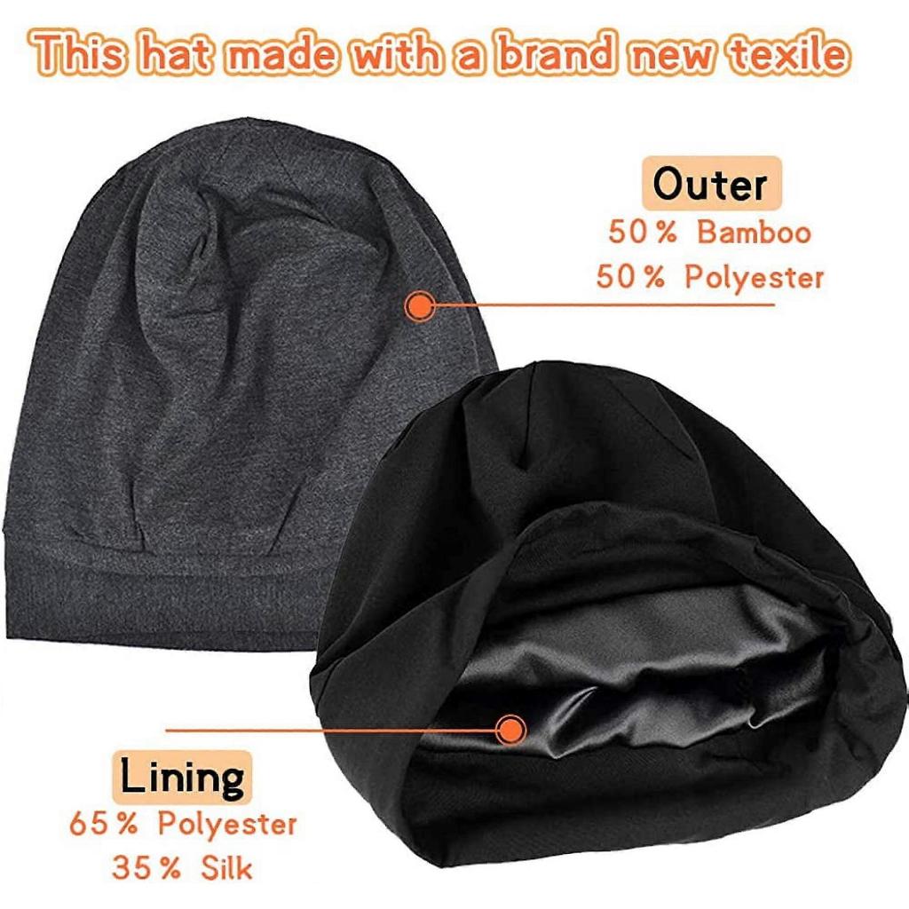 2 Pack Satin Sleep Cap, Silk-Lined Bonnet for Curly Hair, Chemo Cap, Breathable Night Cap for Men/Women (Black/Grey)