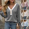 Women T-shirt V-neck Long Sleeve Buttons Half Closure Pullover Tops Color Block Splicing Design Casual Tops Daily Wear