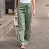 Women Solid Linen Pants Lace Up Elastic Waist Loose Wide Leg Trousers Summer Casual Long Pants Plus Size S-5XL