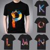 Fashion T-shirt Black Men's Paint Pattern 26 English Alphabet Paint Hot Stamping Series Casual O-neck Commuter Comfortable Top