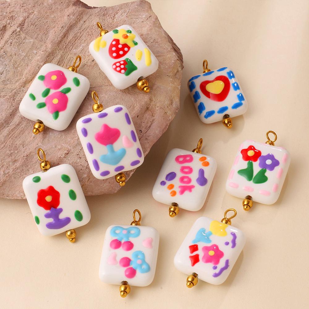 Soft Hand-Drawn Square Flower Bow Pendant - Cute DIY Jewelry