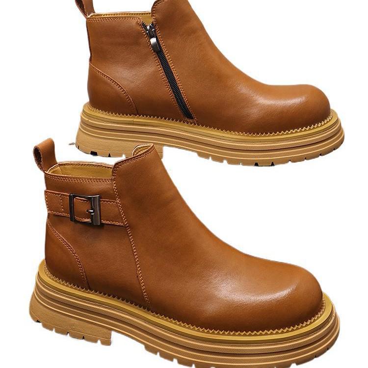 Men's Chelsea Leather Slip-On Boots - High-Top, British Style, with Inner Height Increase and Martin Boot Warmth.
