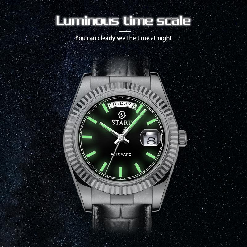 Start Мужские автоматические механические часы со светящимся часовым маркером, модные повседневные мужские часы, кожаные часы с функцией календаря недели