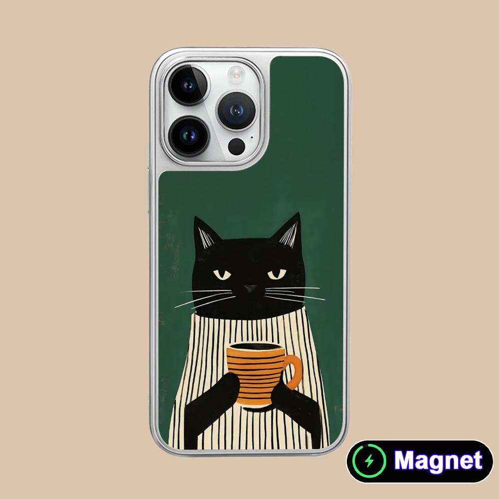 Милый Кофе-Кот Посеребренный Чехол для Телефона Magsafe для iPhone 17 16 15 14 13 12 11 Air Pro Max Plus Цветная Крышка