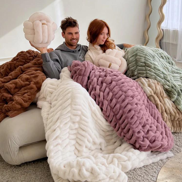 Плед из спандекса с эластичным принтом тай-дай и кроличьим мехом для осени и зимы - Толстый, теплый, мягкий