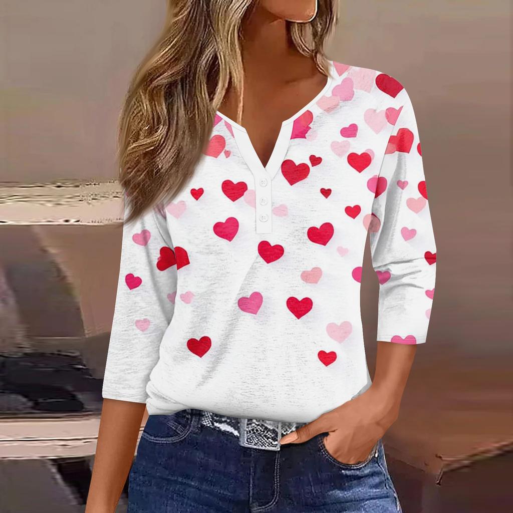 Жен. Футболка Футболка С принтом Пуговицы Рукав 3/4Ежедневно Выходные Мода Классический Топ с v-образным вырезом Обычный