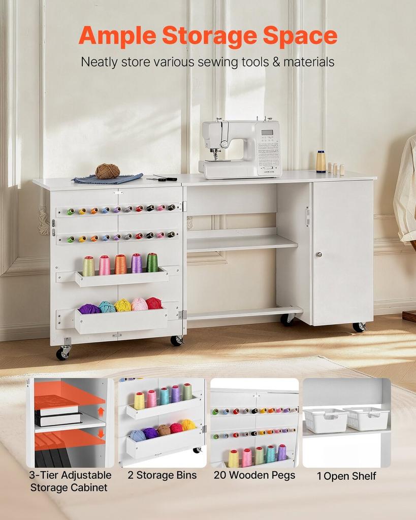 Folding Sewing Table, Multipurpose Sewing Machine Table with Cabinet, Compact Design, Wheels, Wooden Pegs, Storage Trays and Shelf, Magnetic Door,