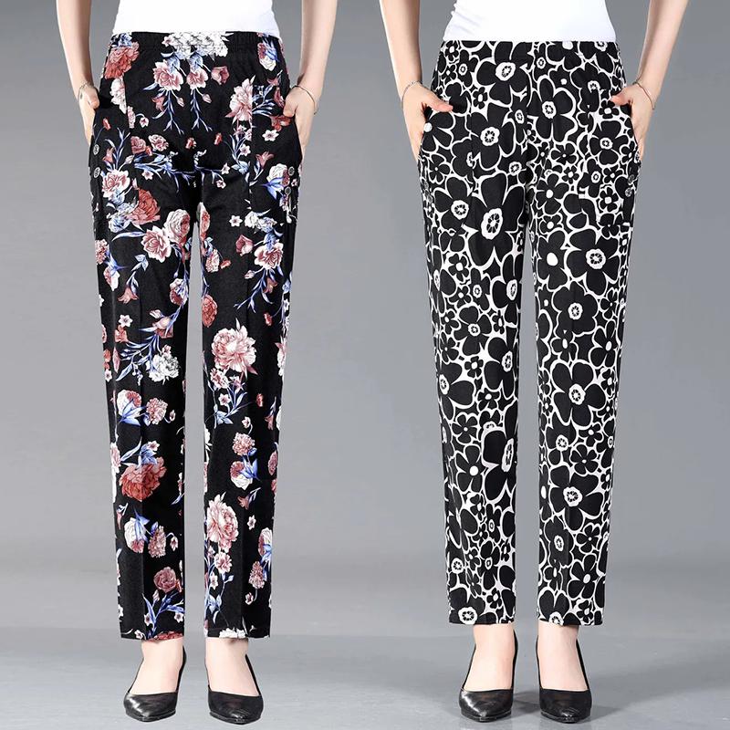 WTEMPO Эластичные тонкие свободные укороченные брюки с высокой талией для мам, женские брюки с принтом в стиле ретро, весна-лето, из ледяного шелка, широкие брюки