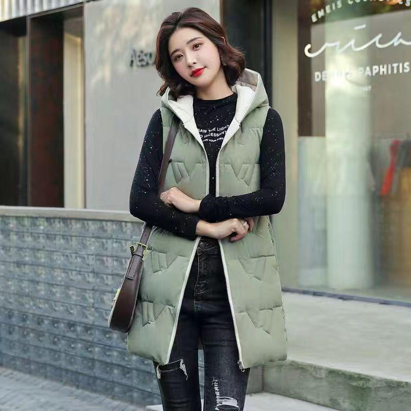 Autumn and Winter Women's Solid Color Loose Vest Hooded Long Reversible Vest Jacket Cotton Padded Women's Windproof Warm Vest