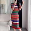 Женская мода лето весна полосатый принт короткий рукав O-образный вырез тонкий повседневные платья
