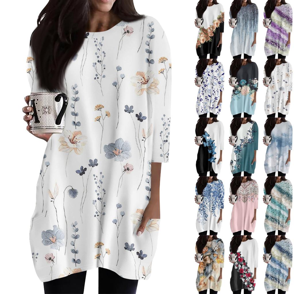Женские повседневные рубашки с рукавами 3/4, модные туники с принтом, топы с карманами