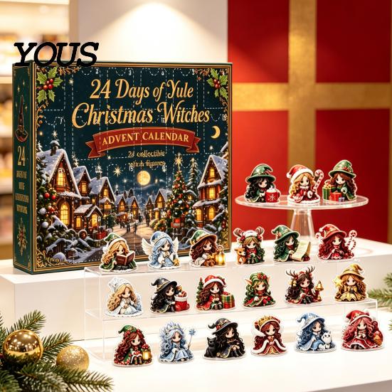 Decorative Figures for Window Christmas Witches Advent Calendar 2026, 24 Days Yule Countdown Box, 2D Blind Box Acrylic Witch Figurine Signs,