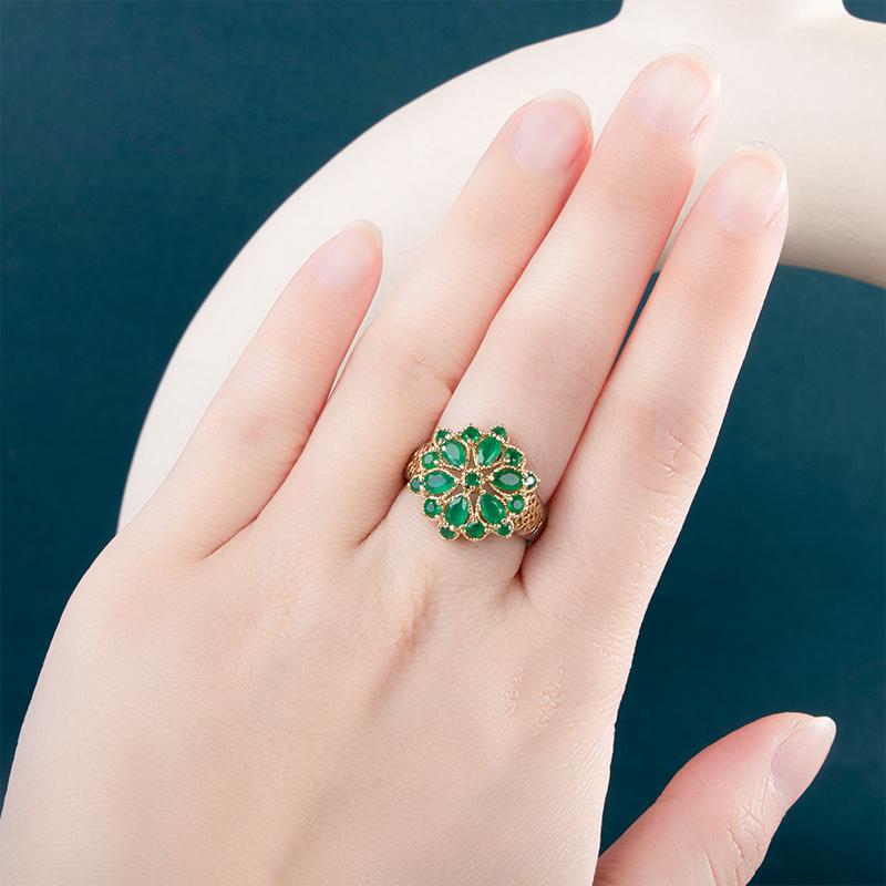 Bella Box Luxury Emerald Two Tone Electroplated Flower Ring Shape Lady Dance Party Rings Statement Jewelry For Women