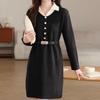 Navava Women No954 Belt Set Button Point Color Block Long Sleeve Knit Dress