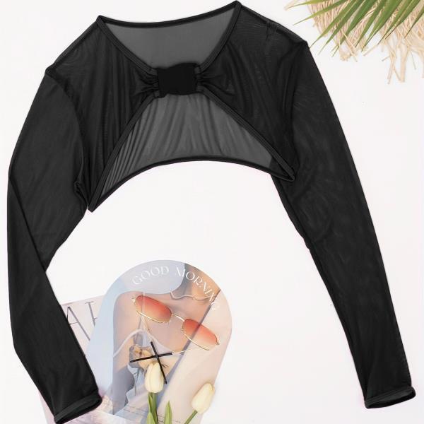 2025 Европейский и американский сетчатый сексуальный купальник женский с длинным рукавом накидка горячий источник пляжная одежда однотонный топ