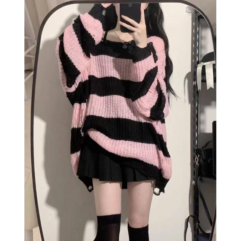 Women's Black and Pink Striped Sweater, Loose Fit, Medium-Long, Lazy Style, 2024 Spring/Autumn Fashion Top.