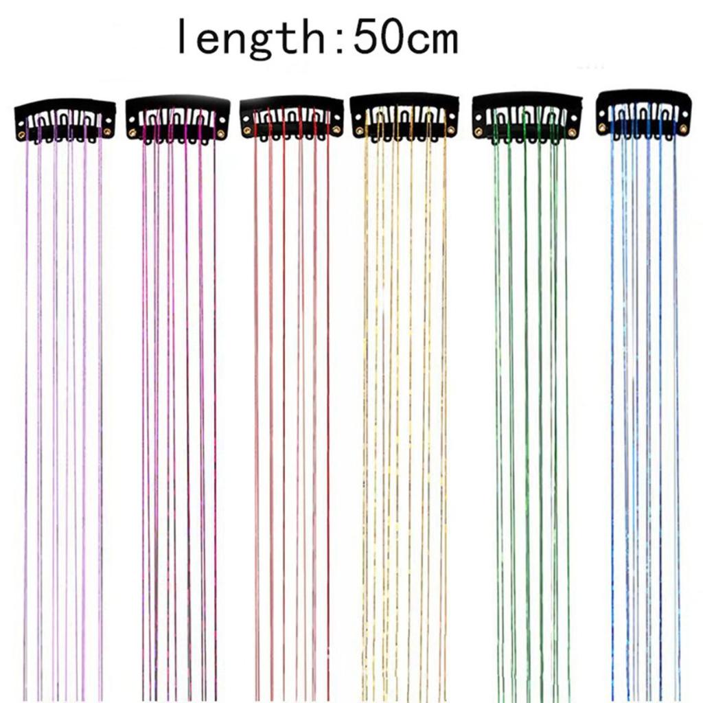 12 штук Лазерные Золотые Наращивания Волос 50 см, Металлические Радужные Накладные Пряди на Заколках, Блестящие Синтетические Пряди для Вечеринки Фестиваля