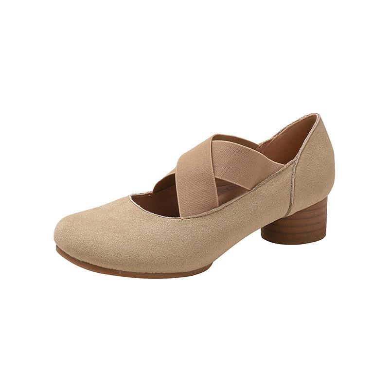 Coarse heel ballet Mary Jane single shoes 2025 new cross elastic belt high heels women's daily versatility increases height and looks thin