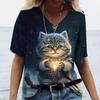 Women's Casual Short Sleeve V Neck T Shirt Kawaii Cat Print 3D Tees Holiday Top Female