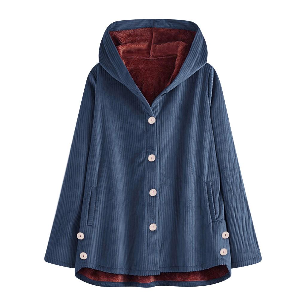 Plus Size Women Winter Warm Solid Button Pockets Thicker Hooded Coat Outwear