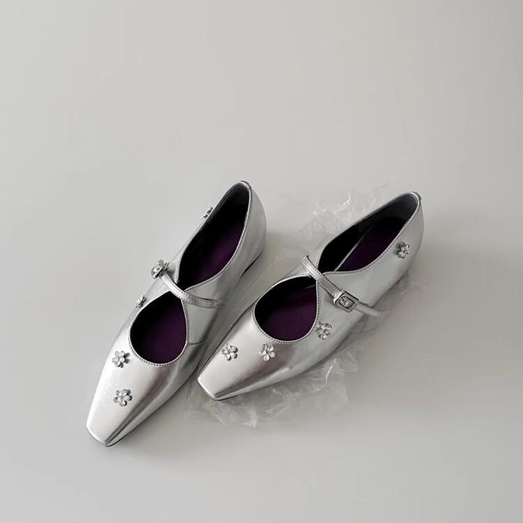 Sheepskin Version~ French Rhinestone Flower Inner Height Increase Small Square Head Light Mouth Single Shoes Women's Word with Silver Mary Jane Shoes