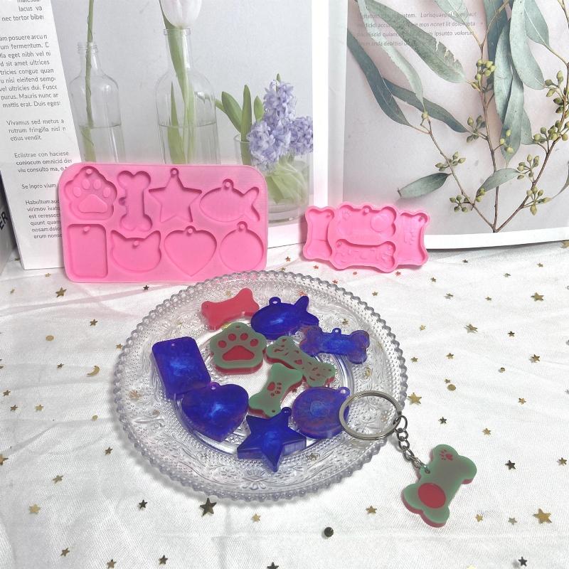 Glossy for Cat/Bone/Fish/Round Tag Keychain Silicone Epoxy Resin Mold DIY Keychain Pendant Jewelry for Anniversary Gift