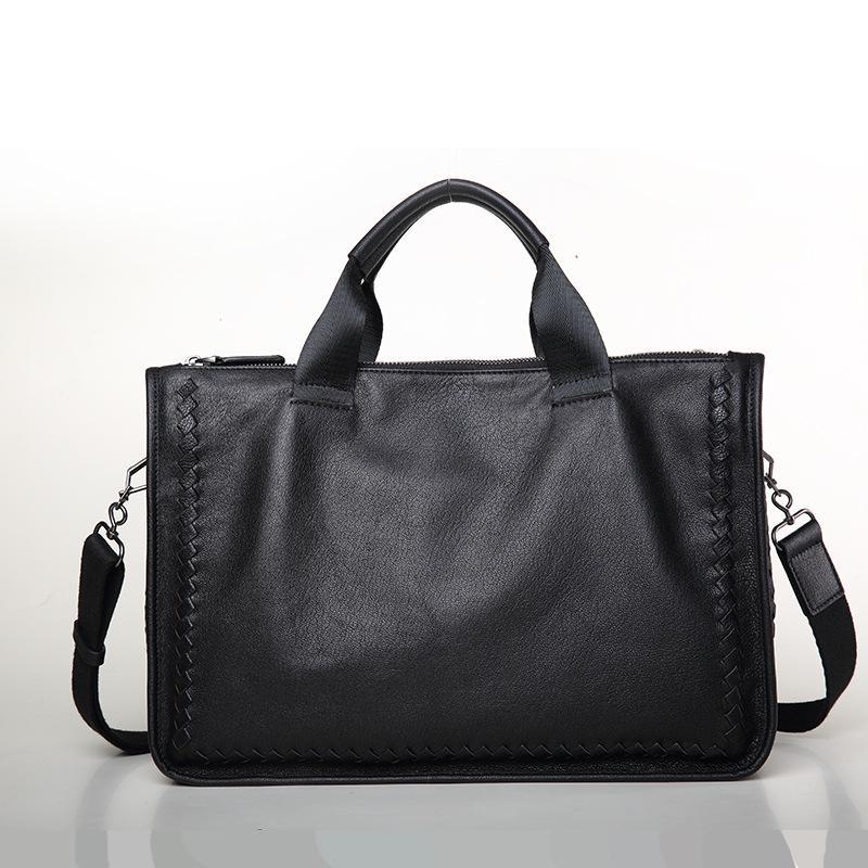 Мужская сумка для ноутбука из натуральной овчины с плетением и портфелем