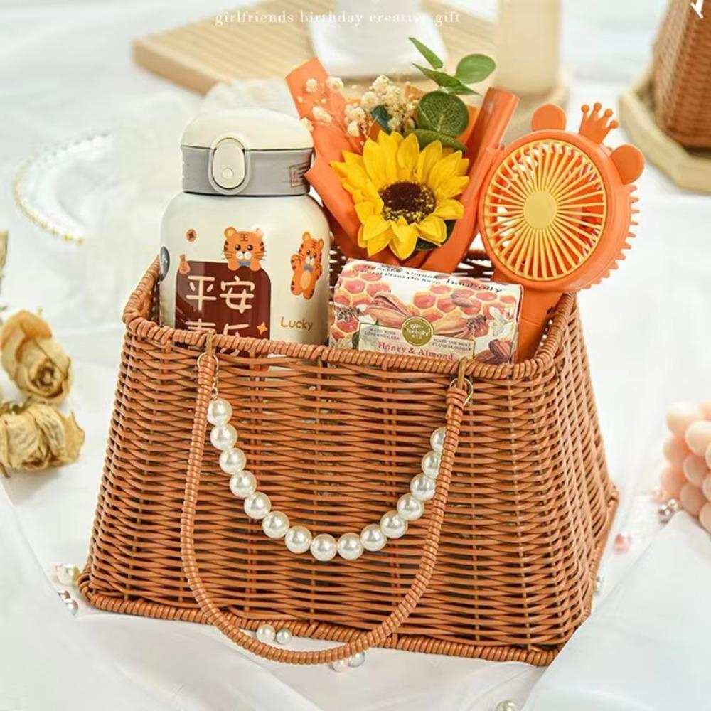 Корзина для фруктов из искусственного ротанга ручной работы, корзина для хранения из искусственного ротанга с длинной ручкой, ко Дню святого Валентина