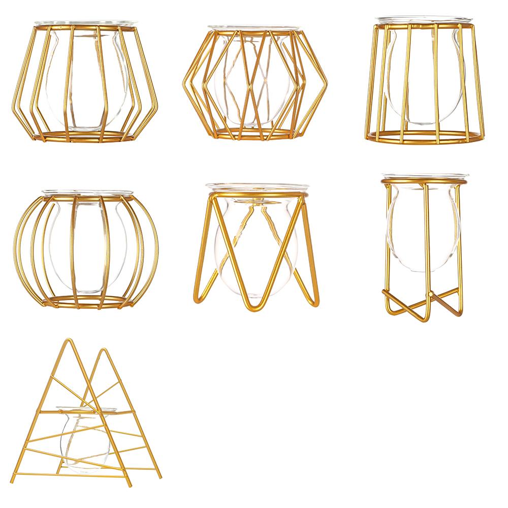 Home Decoration Iron Geometric Pattern Glass Planter Terrarium Metal Holder Hydroponic Vase