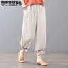 Укороченные брюки большого размера в стиле ретро, однотонные женские повседневные брюки из хлопка и конопли