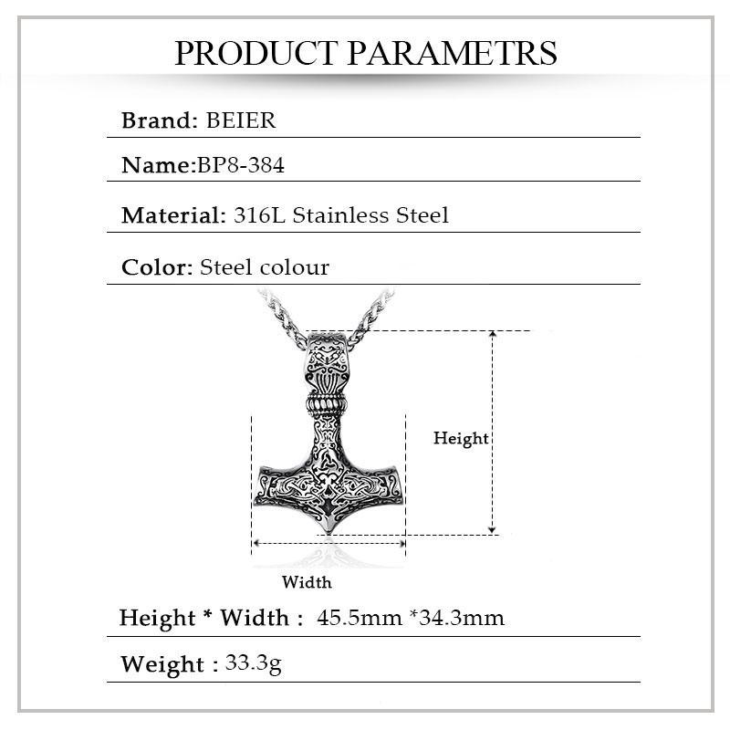 BEIER thor's hammer mjolnir pendant necklace viking scandinavian norse viking necklace with stainless steel chain BP8-384